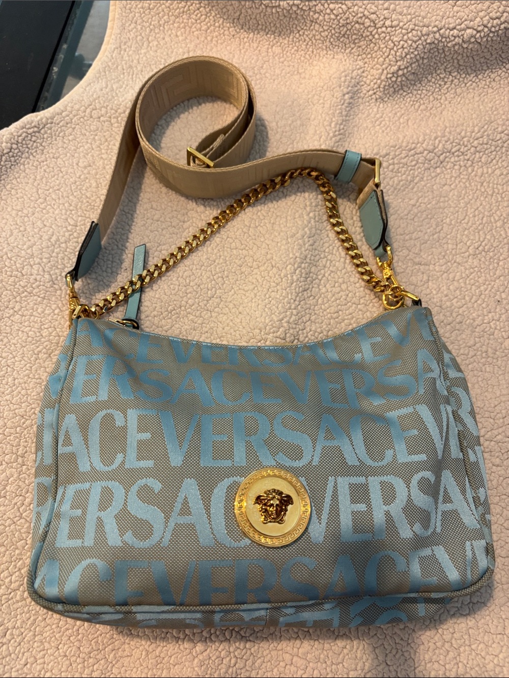 Versace Light Blue Logo-Jacquard Shoulder Bag with Gold Medallion